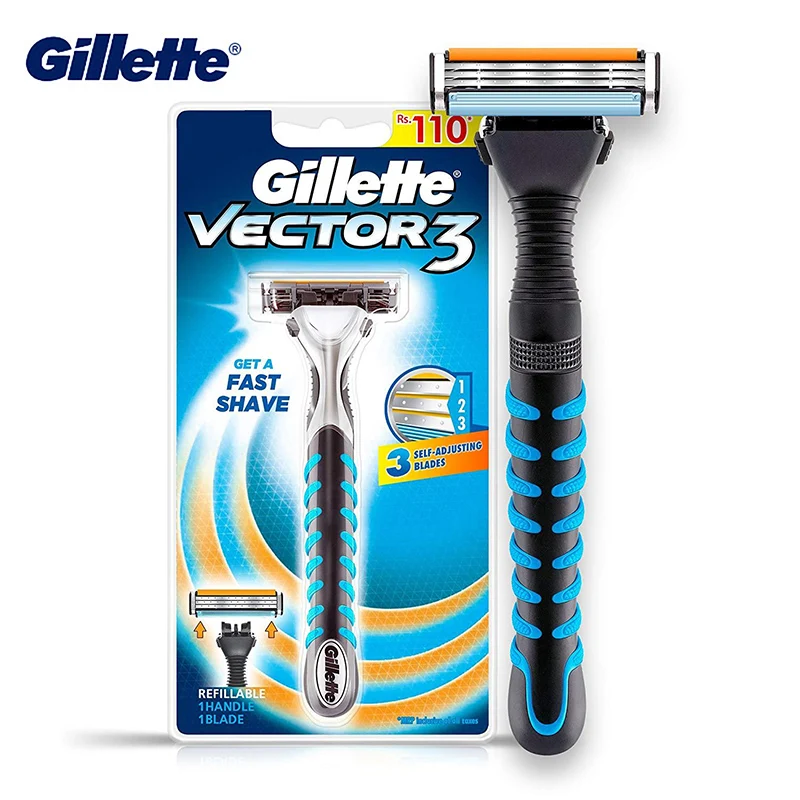 Maquinilla de afeitar Manual Gillette Vector3, 3 hojas autoajustables con tira Lubratstrip, afeitado rápido, mango de agarre de goma antideslizante, afeitadora para hombres