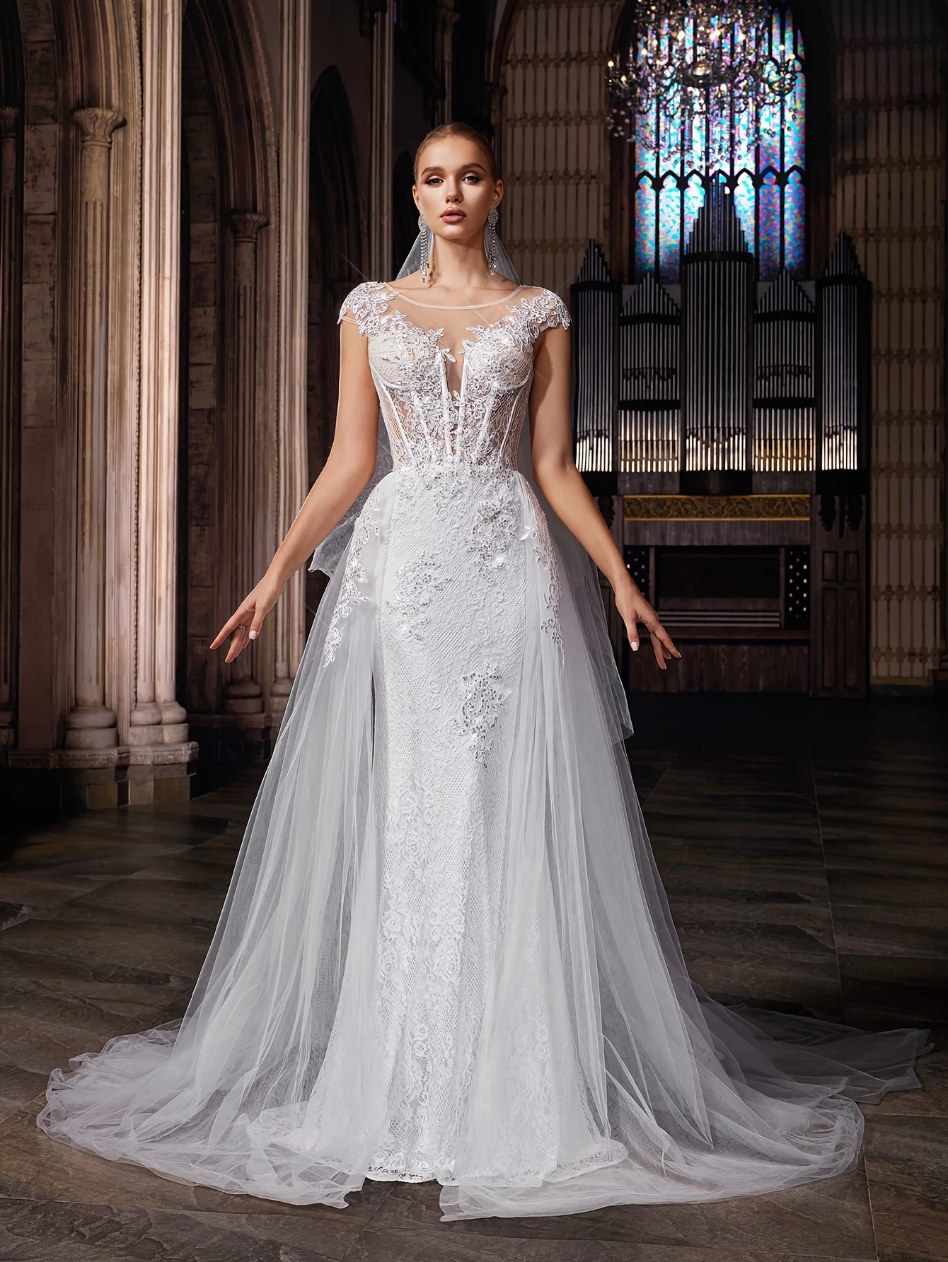 Vestidos formales de novia para iglesia, Vintage, brillante, manga casquillo, apliques de sirena, corsé con cuentas, vestido de noche, vestidos de boda para matrimonio