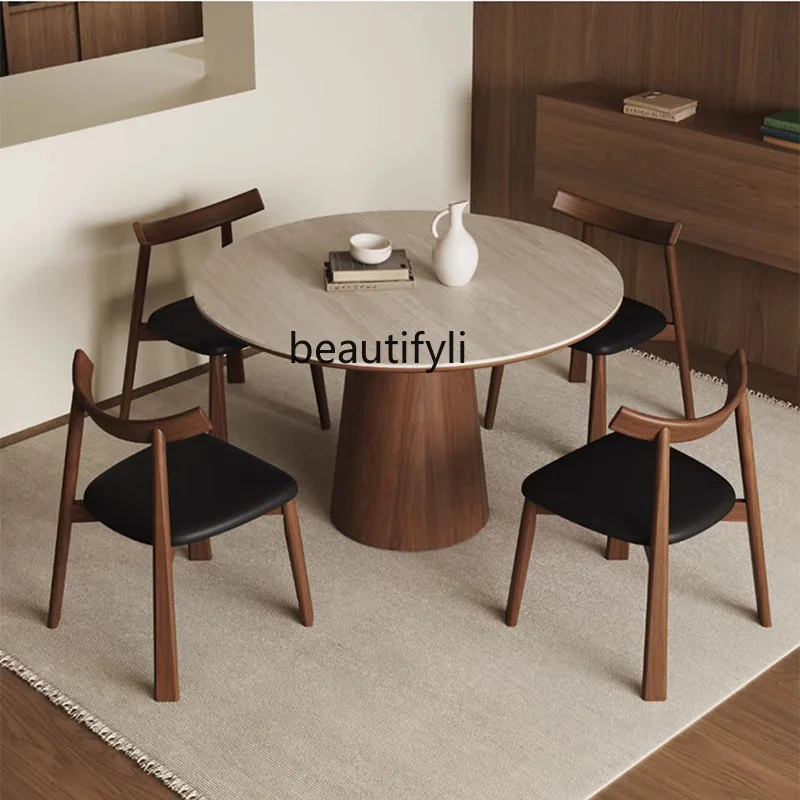 

Travertine Stone Plate Small Round Table Household Small Apartment Restaurant Solid Wood retro Style Black Walnut Dining Table