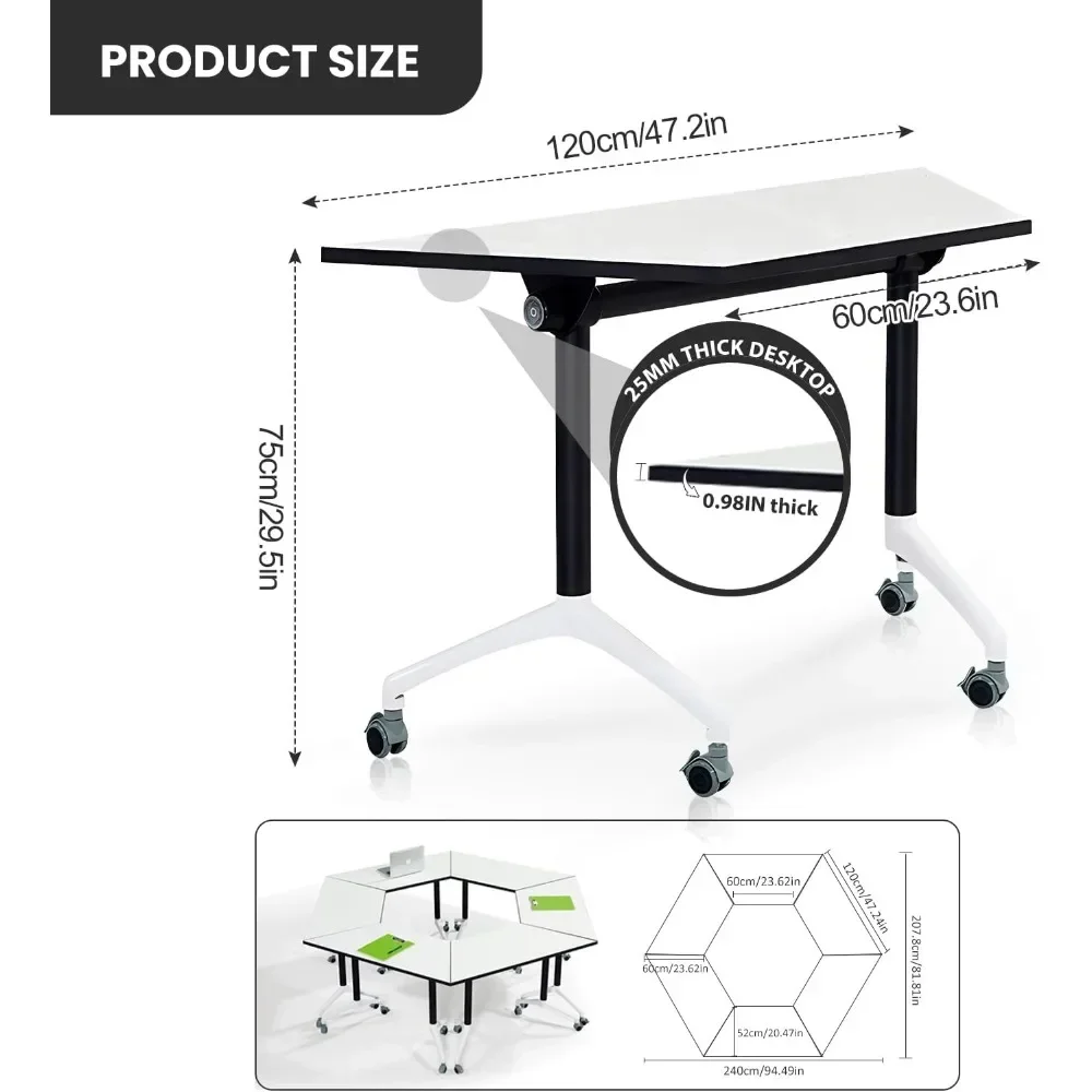 Folding Conference Table, Modern Mobile Meeting Table with Silent Wheels,White Seminar Rolling Conference Room Table