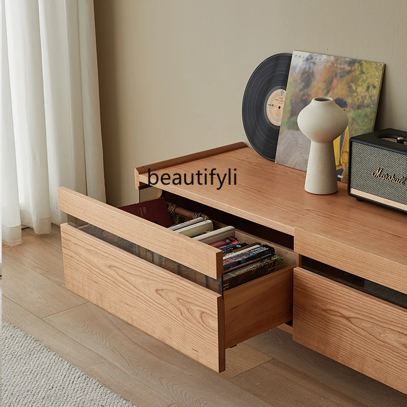 Modern Light Luxury TV Cabinet Solid Wood Stainless Steel Legs Hanging Minimalist Cherrywood Retro Audio Video Appliances Shelf