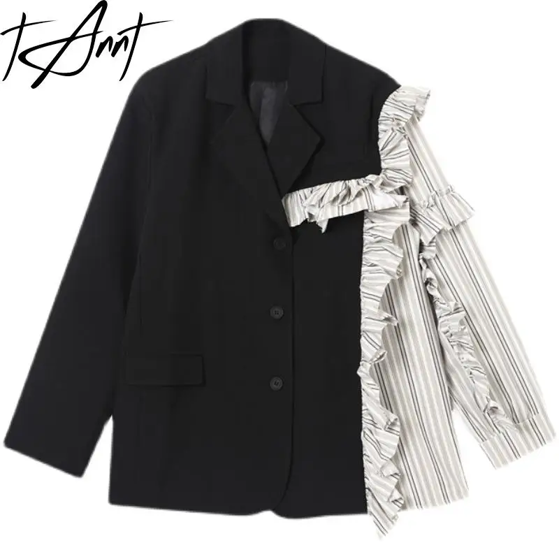 

Tannt Women Blazer Asymmetry Edible Tree Fungus Patchwork Stripes Blazer Jackets Irregular Casual Color Matching Suit Coats 2023