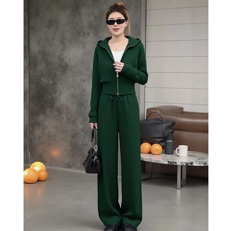 

Зеленая толстовка в стиле ретро, комплект из 2 предметов, спортивная толстовка для женщин, прямые брюки на шнуровке, модные минималистичные наряды Highstreet