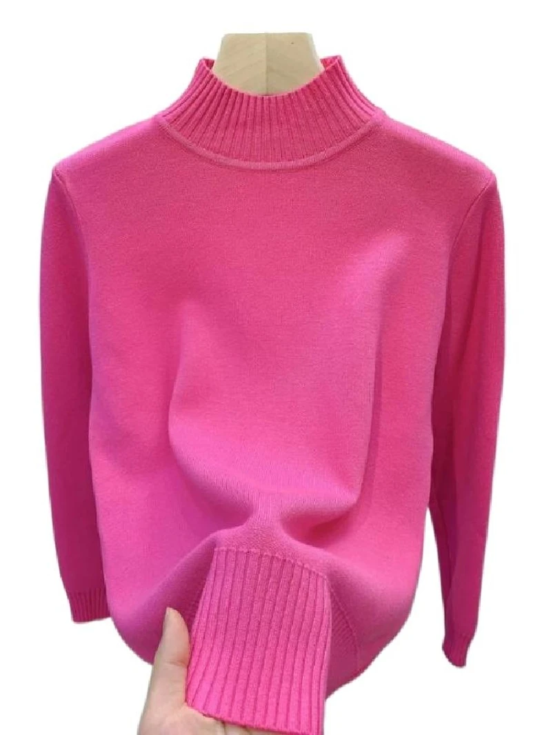 

Pink Sweater Thiened Loose Women's Mid-Ne Knittedwear Faionable And Simple High Quali Spring Long Sve Straight Cut
