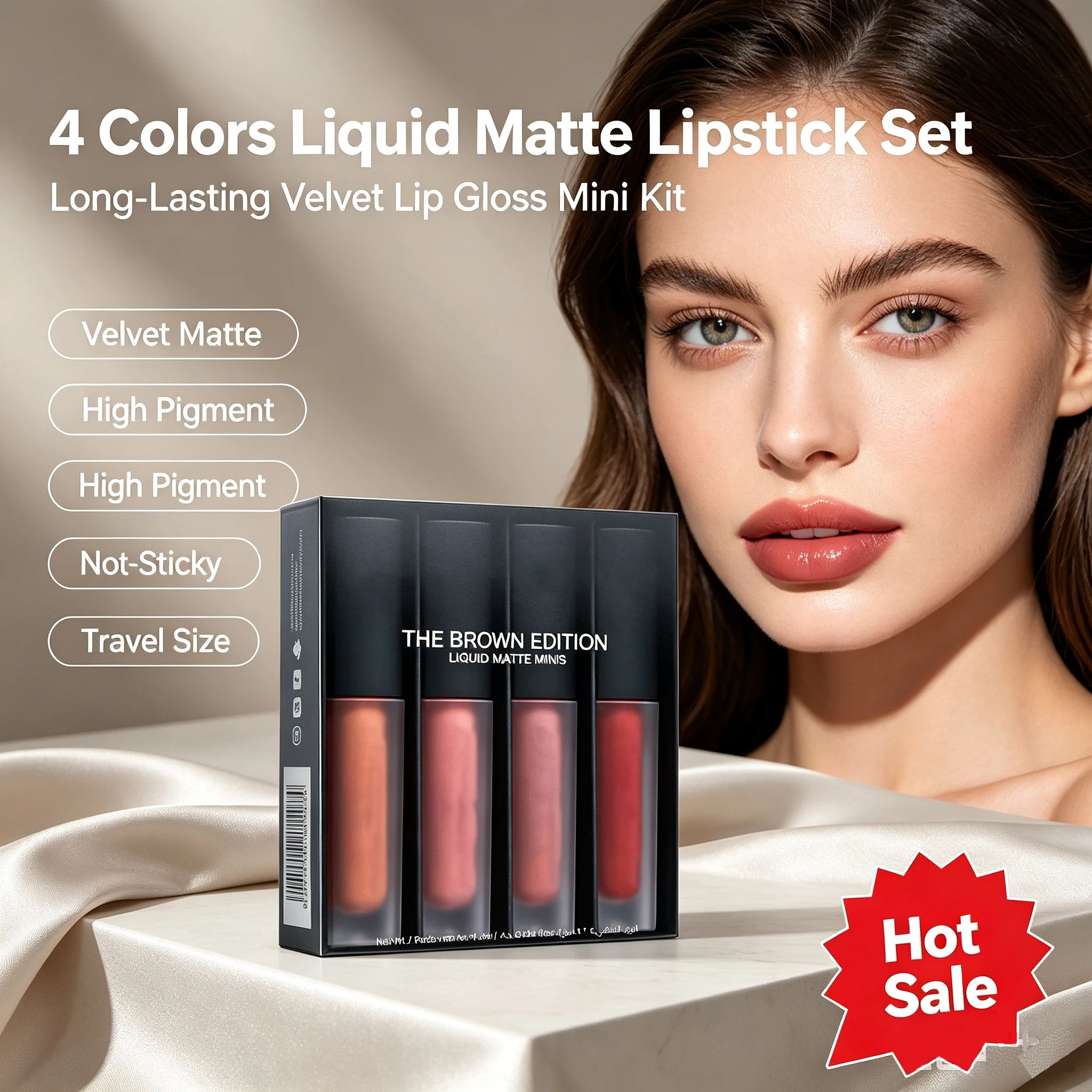 4Pcs Mini Liquid Matte Lip Gloss Set Long-Lasting Waterproof Non-Stick Cup Lip Makeup Edition Gift Kit
