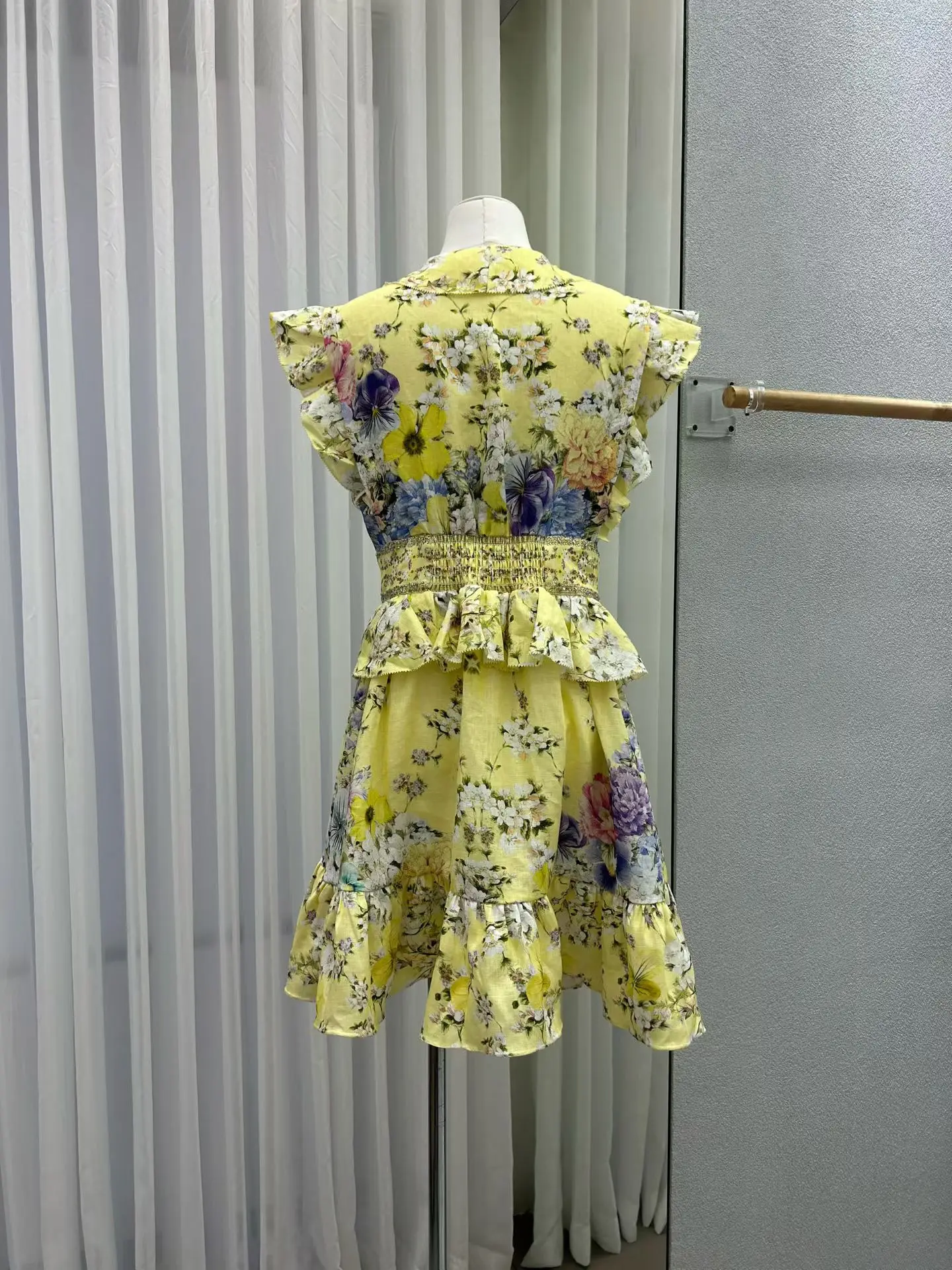 زهرة طباعة المرأة سترة صفراء فستان كريستال مطرز الخامس الرقبة تحلق كم عالية الخصر عطلة السيدات 100% الكتان رداء صغير #6