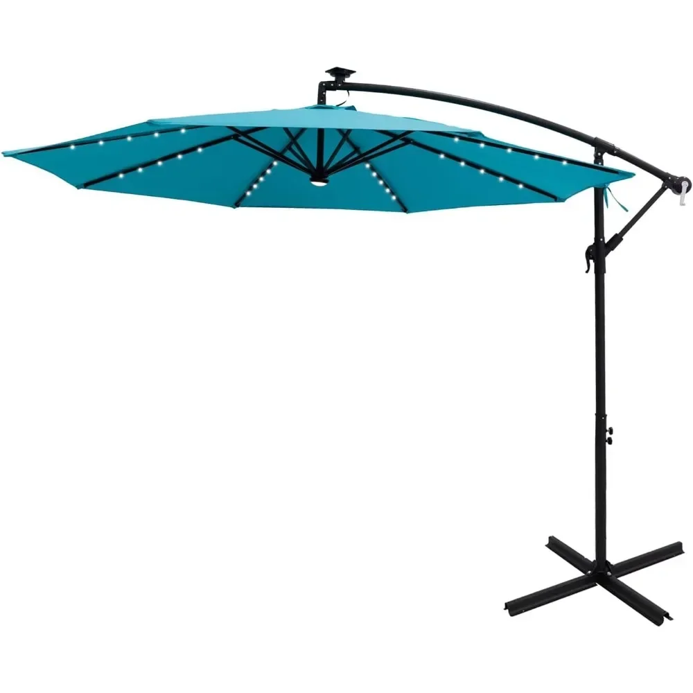 10 ft Cantilever Offset Solar Powered Outdoor Patio Umbrella with LED Lights and Cross Base Stand