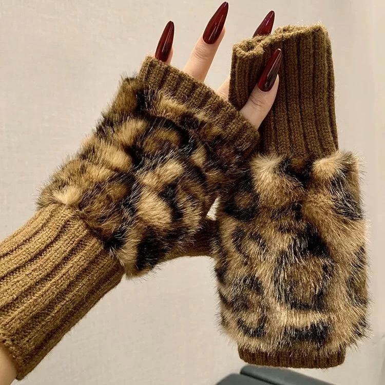 New Women's Leopard Print Fingerless Gloves Winter Warm Thickened Unisex Writing Gloves Fashion Y2K Warm Outdoor Daily Gloves