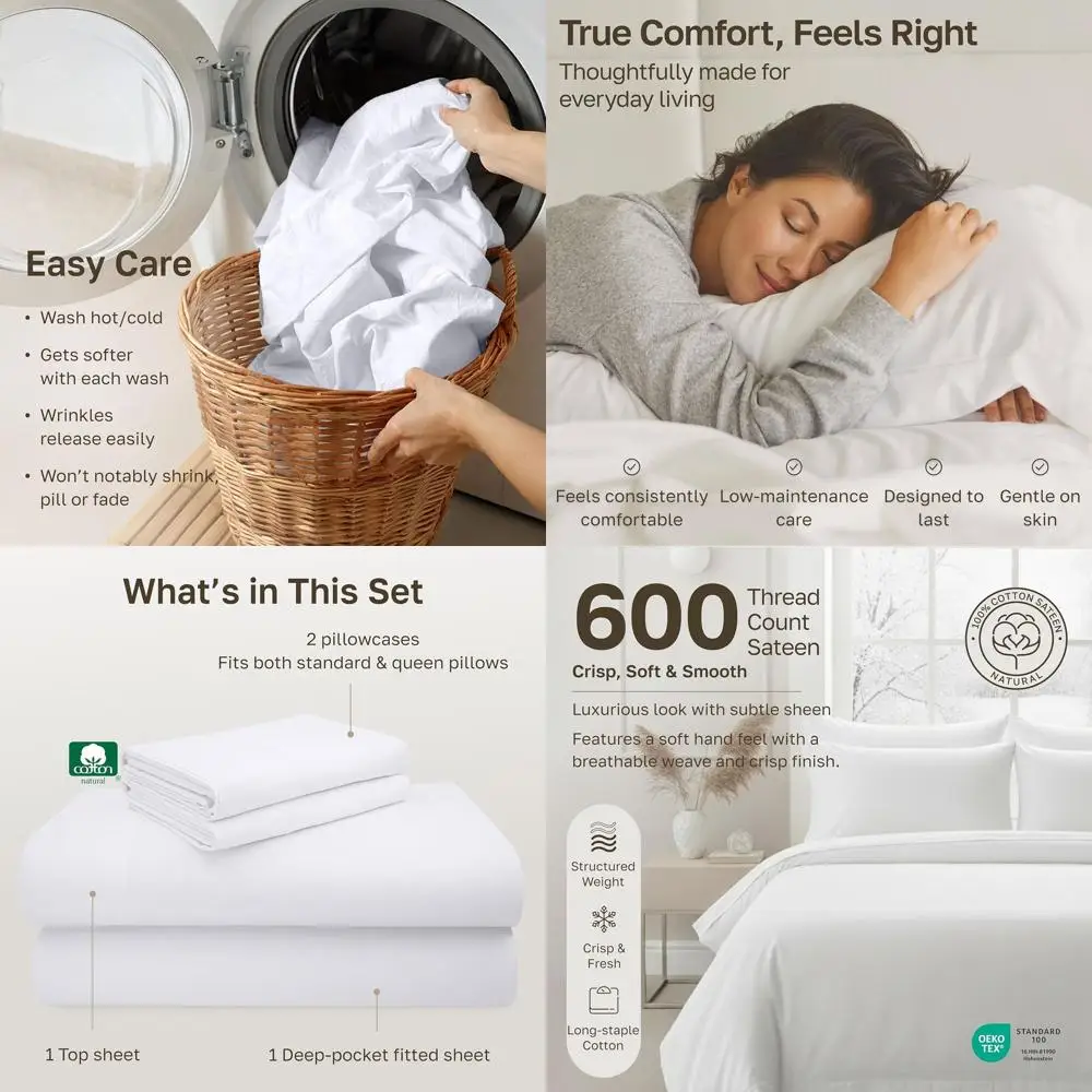 

Luxury 600TC Cotton Sateen Deep Pocket Queen Sheet Set with Elastic, Hotel-Style Bedding, White