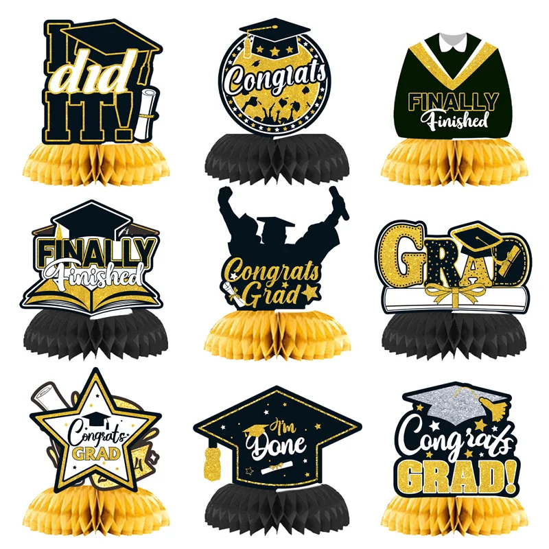 9PCS Graduation Decorations Class Of 2025 Centerpieces, Congrats Grad Honeycomb Table Toppers For Graduation Party Favors