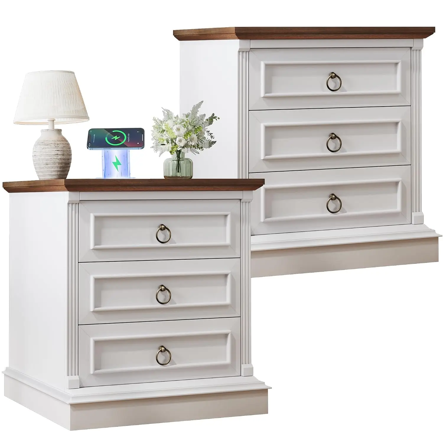 Rustic Nightstand Set of 2 with Wireless Charging, Wood End Table with Roman Column & Metal Handle for Bedroom, White, Customize
