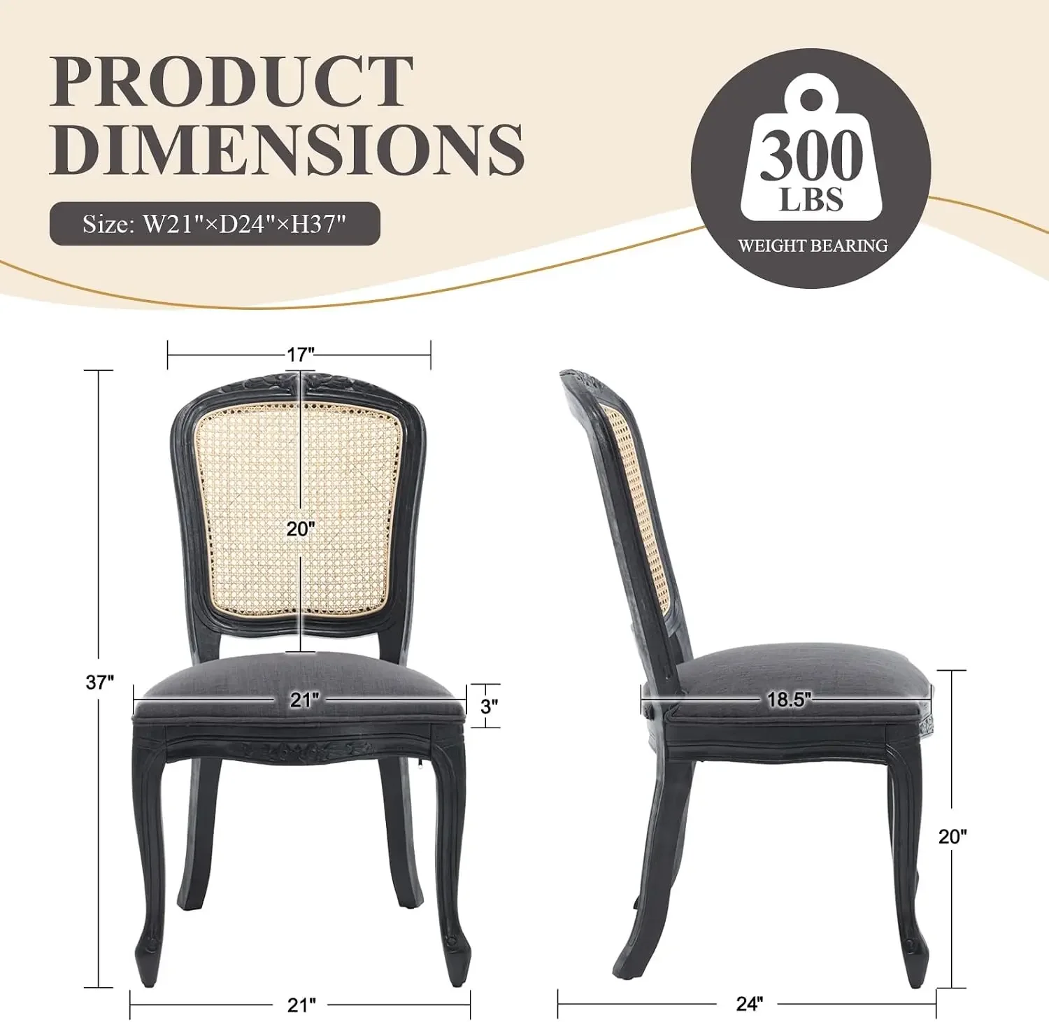French Country Dining Chairs Set of 2, Upholstered Linen Dining Room Chairs with Square Rattan Back Black Curved Leg Farmhouse A