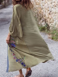 Vestidos Boho Hippie Chic Vintage Floral Embroidery Cardigan Beach Trip 2025 Kimono Pareo Long Sleeve Cape Cover Maxi Dress