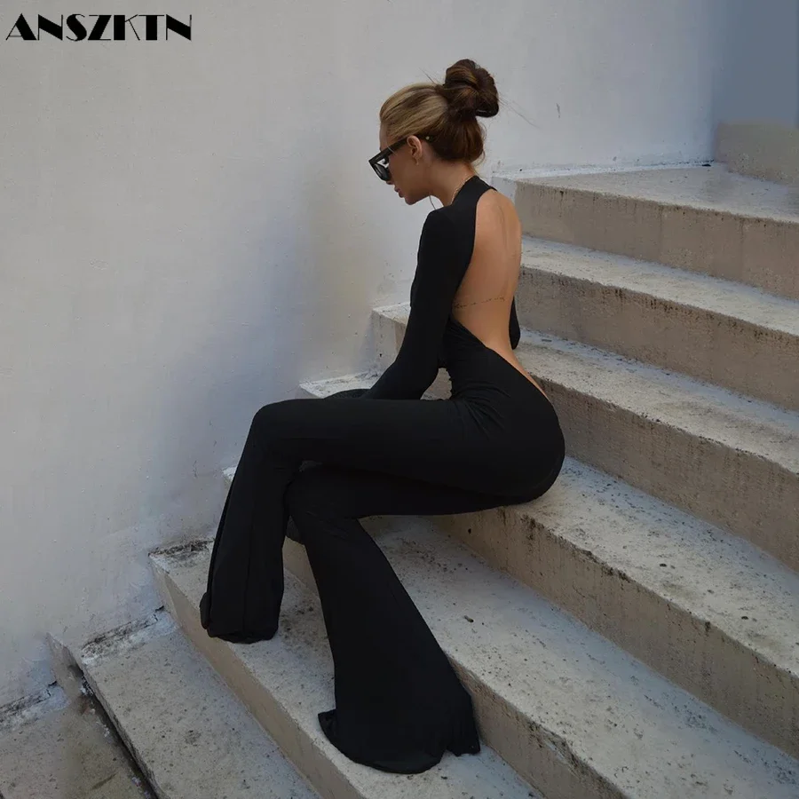 ANSZKTN Skinny 21AW Soild Backless Hollow Out Fitness Rompers Womens Bodysuits For Women Jumpsuit