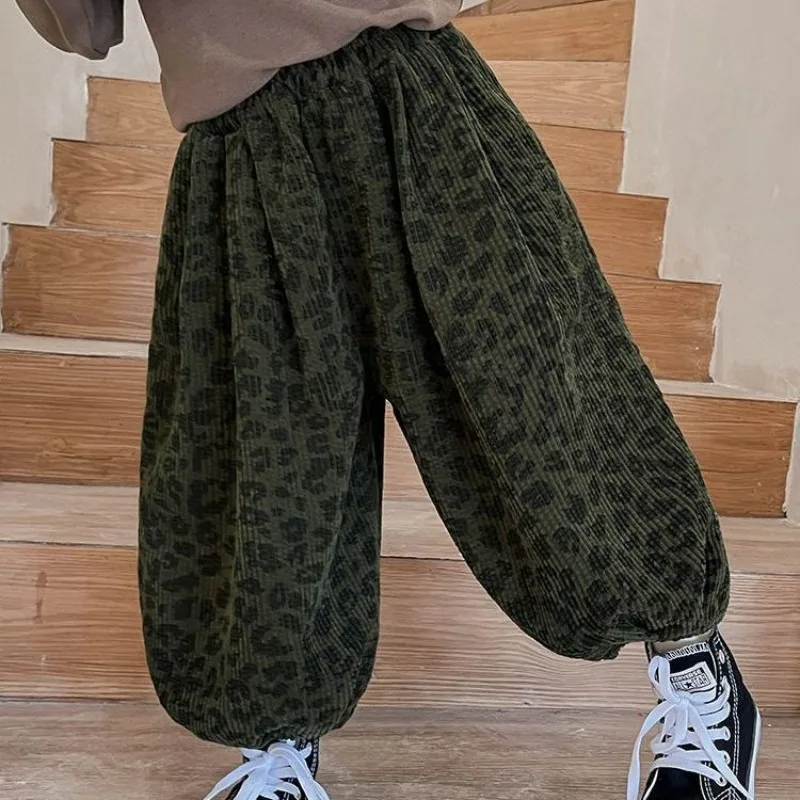 

Boys' Corduroy Bell-Bottom Pants 2025 Spring Kids Korean Style Leopard Print Loose Fit Casual Pants for 3-12 Years