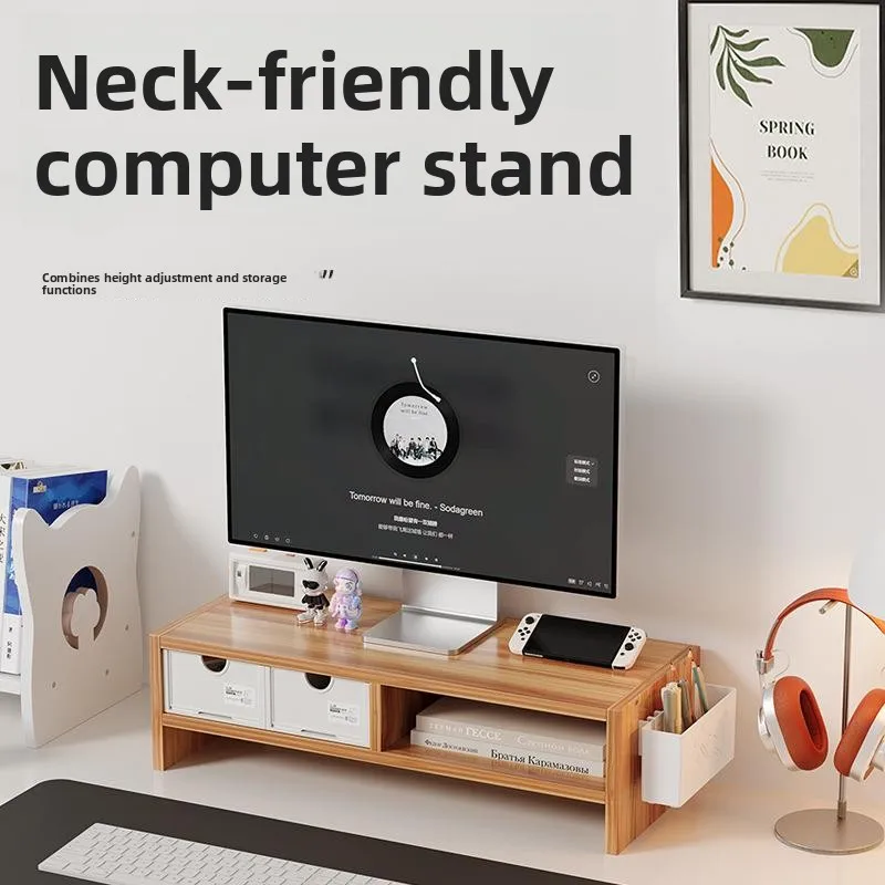 support-de-bureau-sureleve-pour-ordinateur-avec-tiroir-support-d'ecran-organisateur-de-rangement-socle-de-bureau-rehausseur-de-bureau