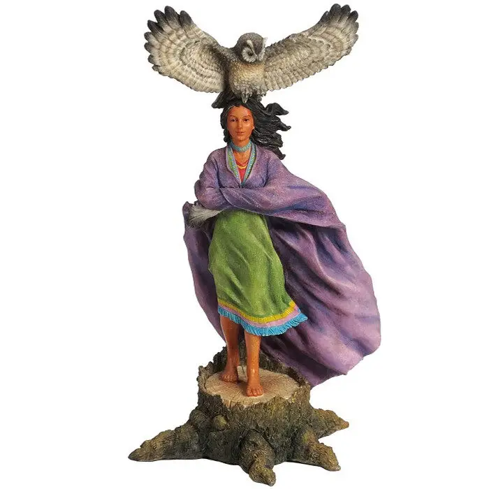 Resin Native American Woman Figurine with Owl Hand-Painted Tribal Maiden Statue Spiritual Sculpture for Western Home Decoration