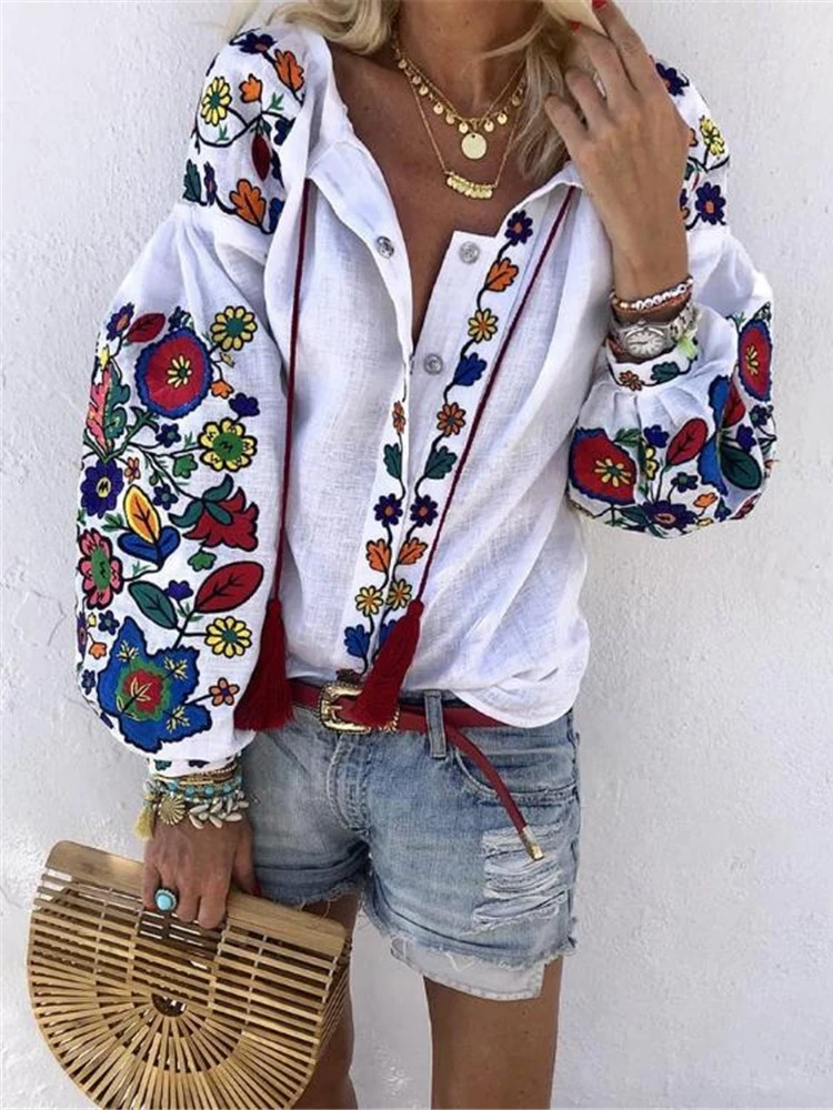 

Street Sle Long Sve Printed Lantern irt Свободная посадка Casual irt для молодых женщин Весенняя модная женская блузка премиум-класса