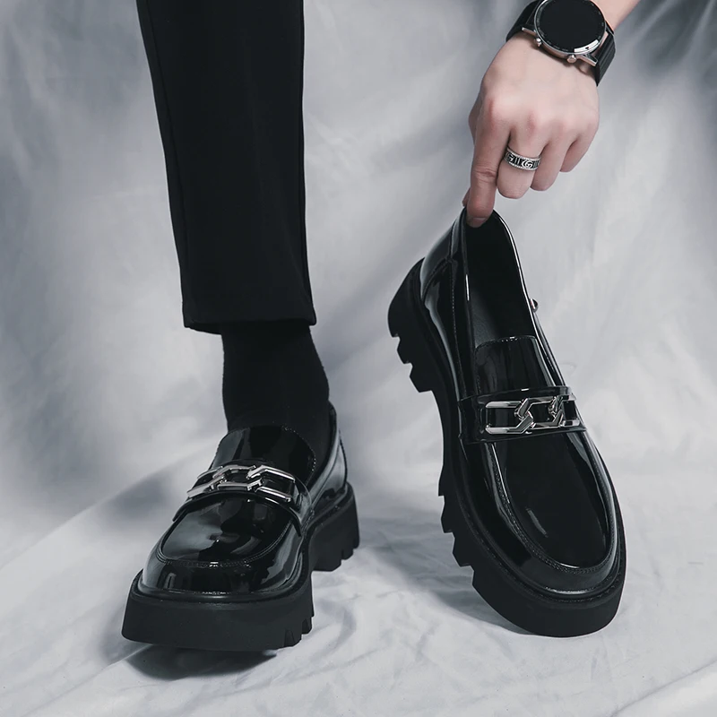 New Men Patent Leather Oxfords Slip On Thick Tottom For Male Derby Shoes Casual Original Loafers Mens Fashion Formal Dress Shoes