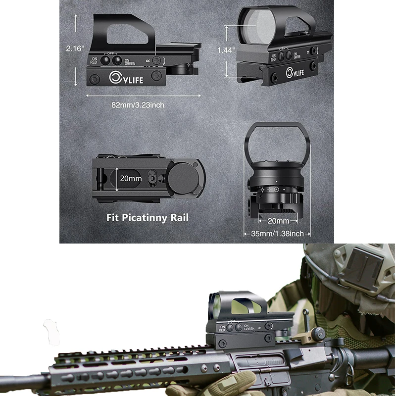 

CVLIFE Scope Red Green Dot Sights 4 Adjustable Reticle Reflex Optics 9 Brightness Setting Holographic Sight for 20mm ‎Picatinny