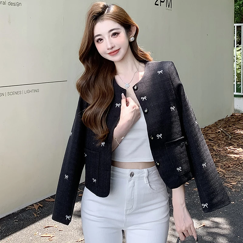 

Small Fragrance Tweed Short Jacket For Women Bow Decoration Elegant Long Sleeve Casual Outwear Female Tops 2024 New Autumn