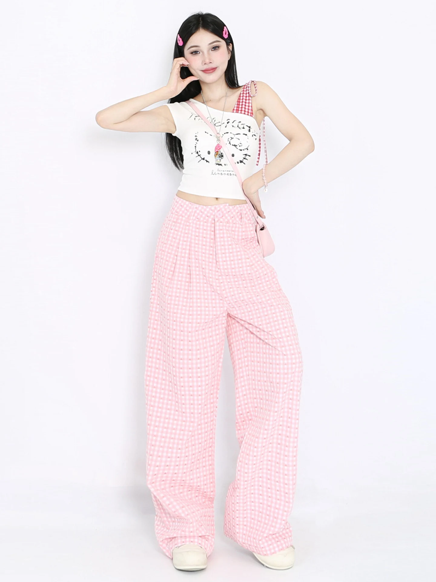 Dopne retro fino calças casuais das mulheres verão novo rosa xadrez doce irmã perna larga em linha reta calças compridas coreano sle simples