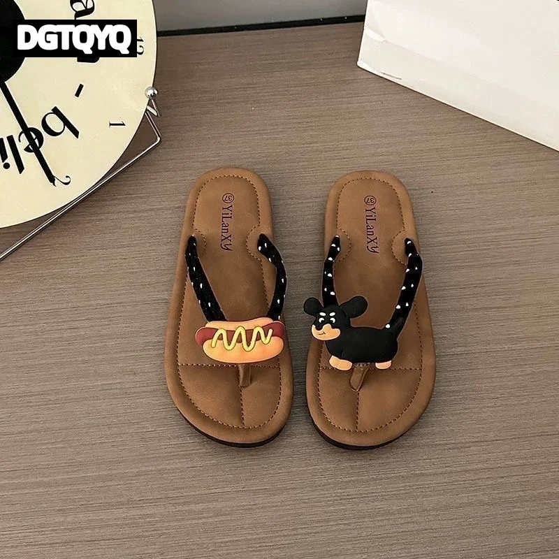 Funny Cartoon Hot Dogs and Sausages Dog Versatile Polka Dot Ladies Flat Flip-flops Cat and Fish Flat Heel Slippers for Girls
