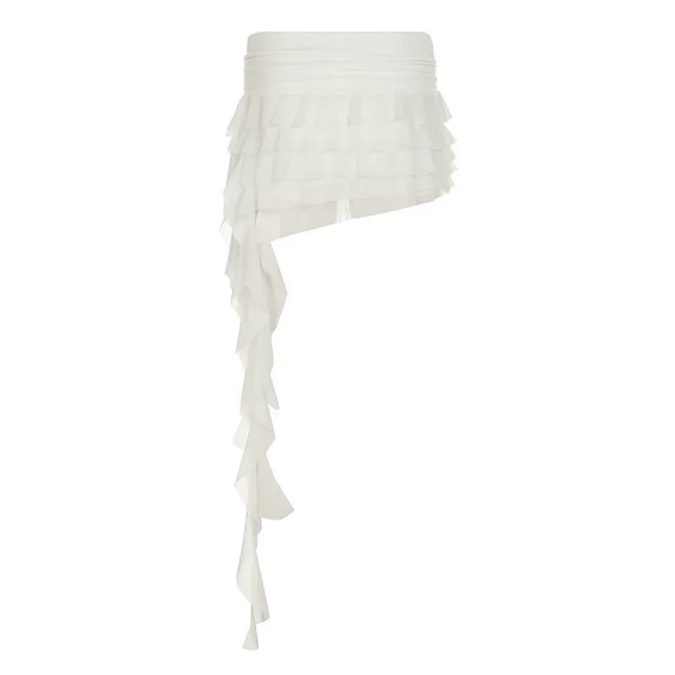 Women's Mini Skirt High Waist  Mesh Flowy Hem Y2K Skirts Irregular Elastic Summer Korean  Multi-Layer Ruffle Trim Lingerie Skirt
