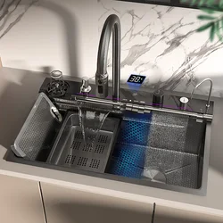 Stainless Steel Kitchen Sink Waterfall Sink Honeycomb Embossed Large Single Slot Home Multifunctional Nano Wash Basin