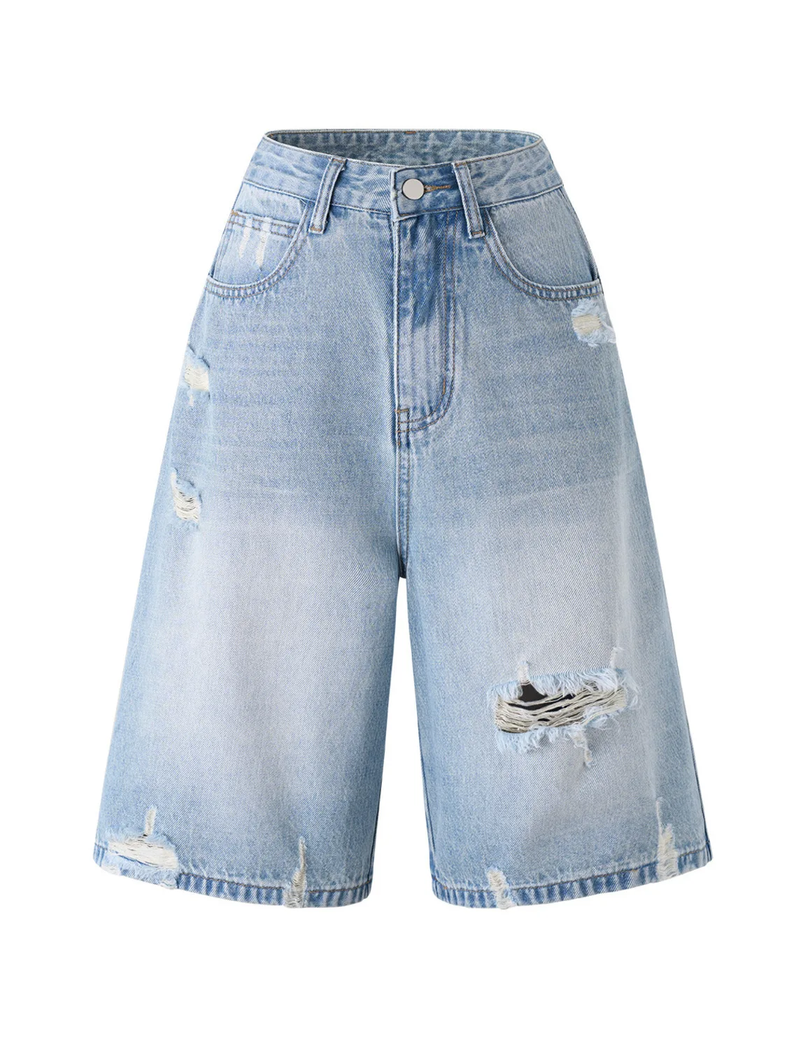 Shorts Bermuda de Mezclilla De - Distressed Jean Rip reseña y precio