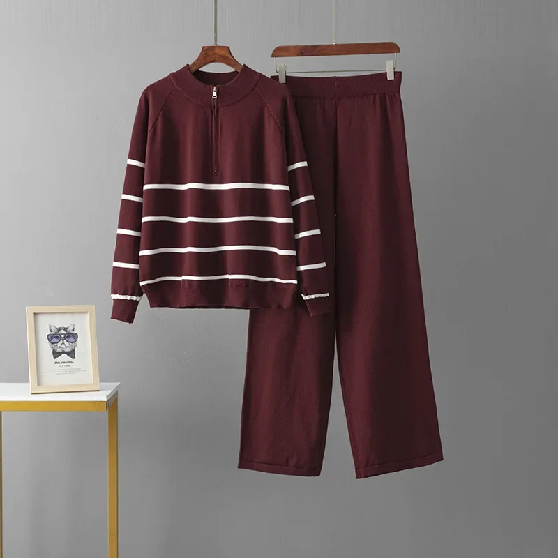 Suéter de punto suelto informal, conjunto de jerséis y pantalones a rayas a la moda, nuevo traje de Otoño Invierno para mujer, conjunto de 2 piezas para mujer