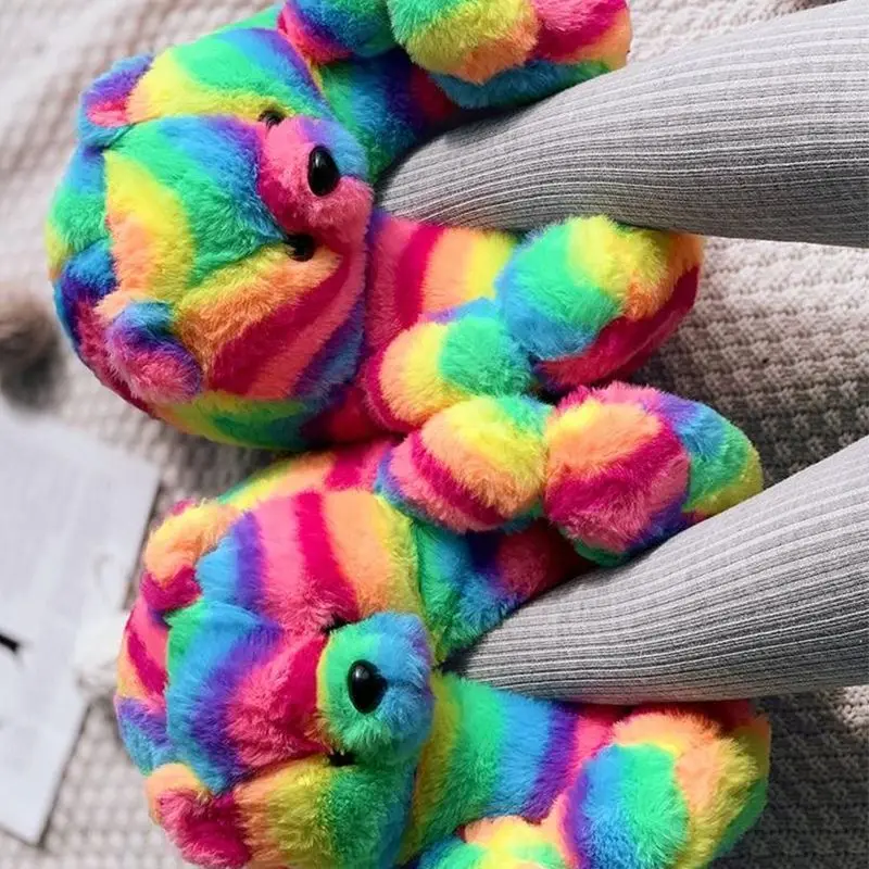 Rainbow colorful Bear Slippers Home Women Indoor Slip-On Animal Fur Shoes Full Wrap Girls Designer Fluffy Flip Flops Shoes