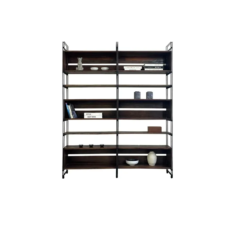 Solid wood bookshelf wrought iron storage rack Elm multi-layer display rack