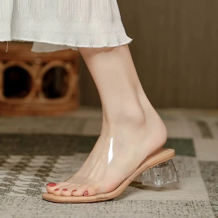 Women Sandals Summer Fashion New Beach Ladies Clear Sandals Comfortable High Heels Woman Transparent Medium Heel Shoes Sandalias