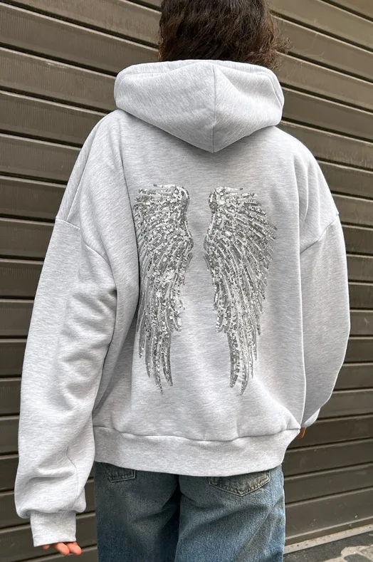 Modische Casual Sweatshirt Herbst Winter Einfarbig Vielseitig Lose Flügel Pailletten Mantel Lange ärmeln Pullover Frau Kleidung