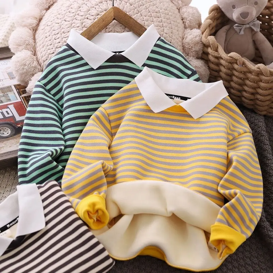 

Boys' Fleece-Lined Sweater 2022 Autumn And Winter New Children 'S Striped Long-Sleeved Bottoming Shirt Handsome Lapels Top