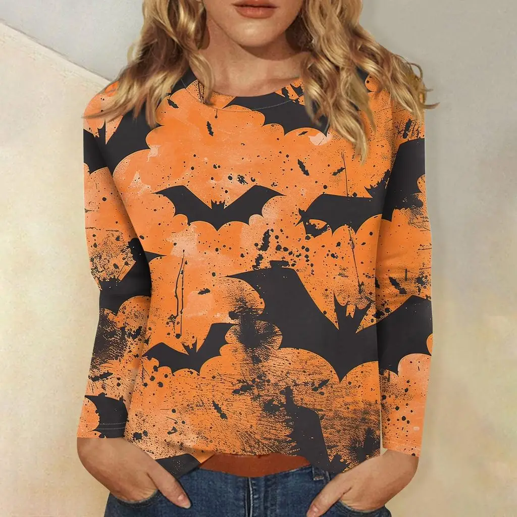 

Printed Halloween Bat Pumpkin Pattern T-shirt Pullover Round Neck Women's Long Sleeved Top Women Clothing