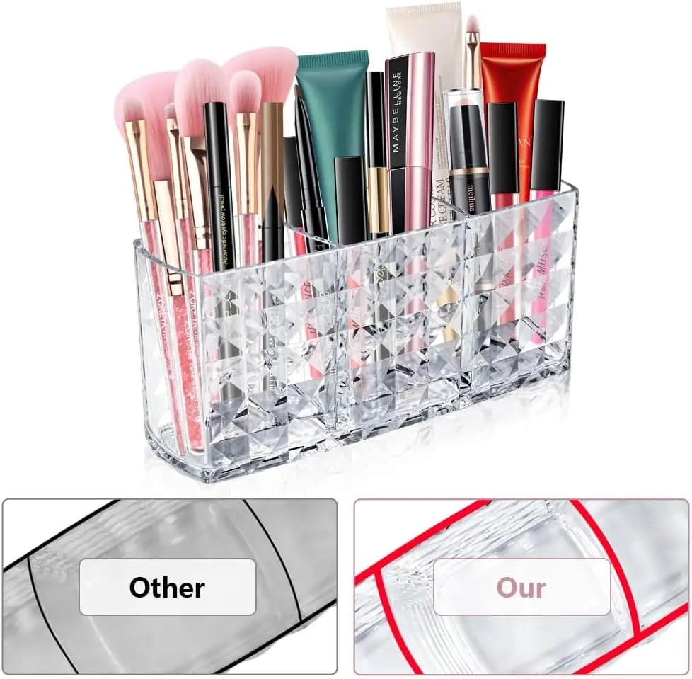 Organisateur cosmétique, porte-brosse de maquillage en cristal à 3 compartiments pour eye-liners, rouge à lèvres, mascara, rangement de maquillage en acrylique pour le bain