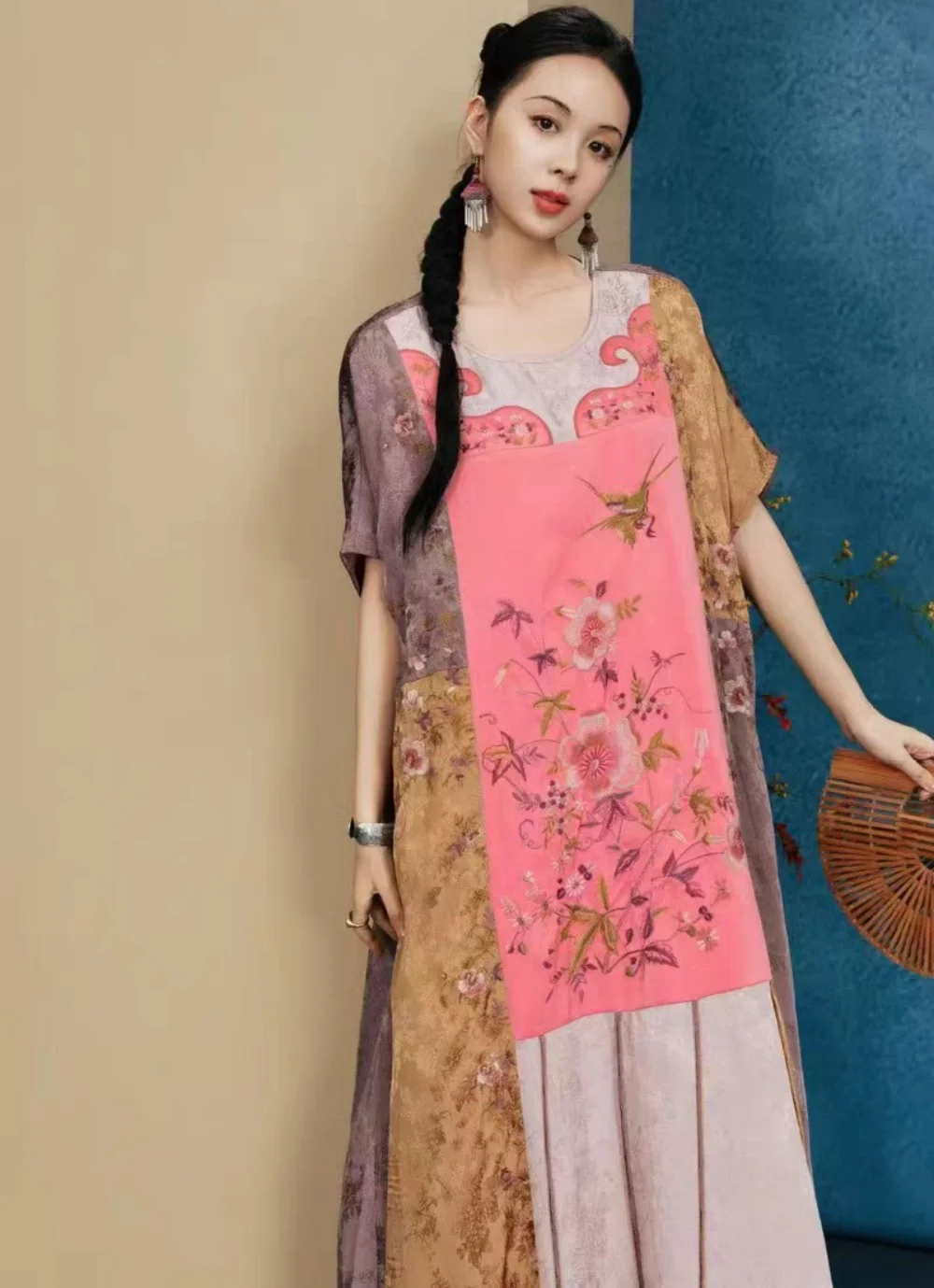 فستان رداء أصلي فاخر أرجواني رايون + رامي مرقع برقبة دائرية فستان صيفي نسائي مطرز على الطراز الصيني ملابس نسائية