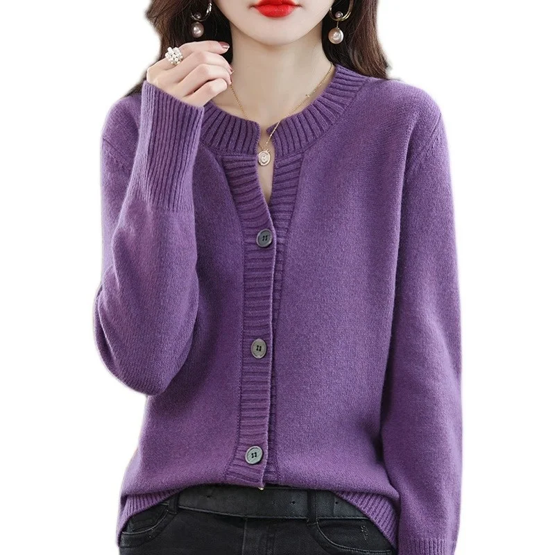 Ele Reine Baumwolle runde Ne Offene Strickjacke frauen Oberbekleidung Frühling Neue Sle Wolle Pullover Lange Sve Jaet Strickwaren