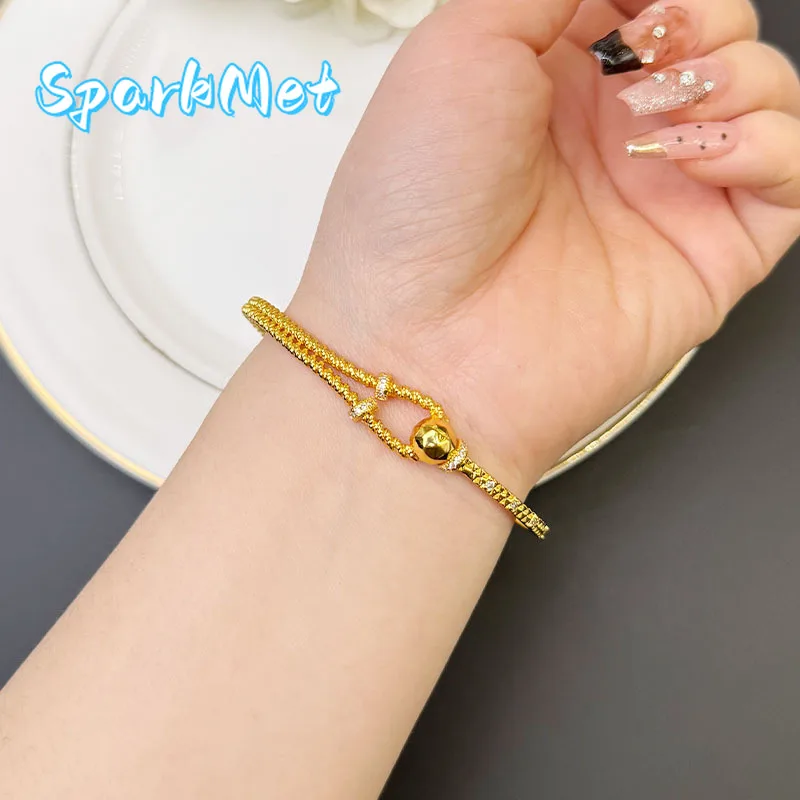 

SparkmetNew 9999 gold bracelet light luxury simple diamond inlay line 24K real gold opening bracelet women's trendy handicraft j