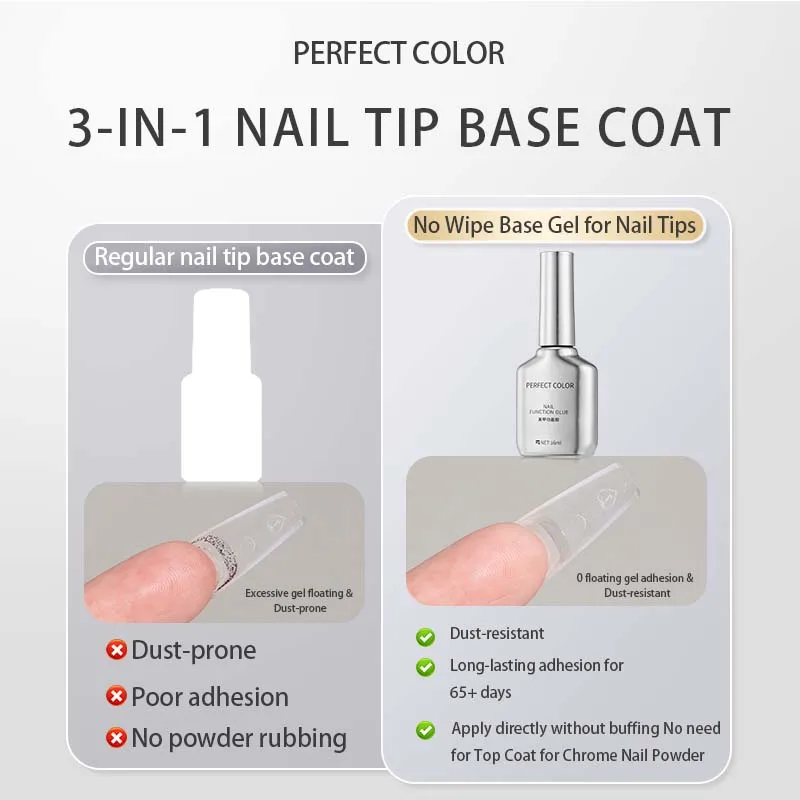 Esmalte de base de cor perfeita 16ml 3 em 1, revestimento de base de gel, cola para pontas de unhas e pó cromado para esfregar