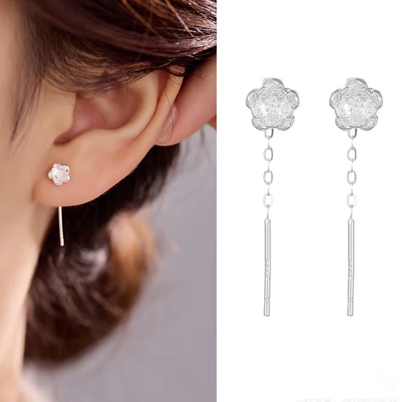 

Earrings Silver 925 Camellia Flower Ear Line Tassel Elegant Versatile Women's Stud Earrings Jewelry Pendientes Mujer
