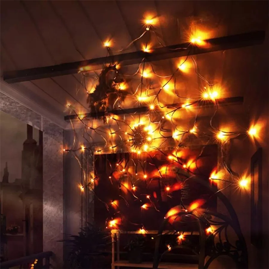 Outdoor Waterproof Halloween LED Spider Mesh String Lights Remote 8 Modes Horror Net Light for Halloween Party Wall Decoration