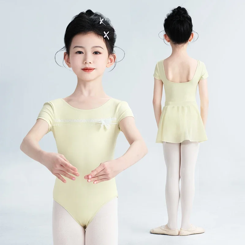 Collant de balé para meninas, crianças, adolescentes, renda, laço, dança, body, manga curta, nylon, ginástica