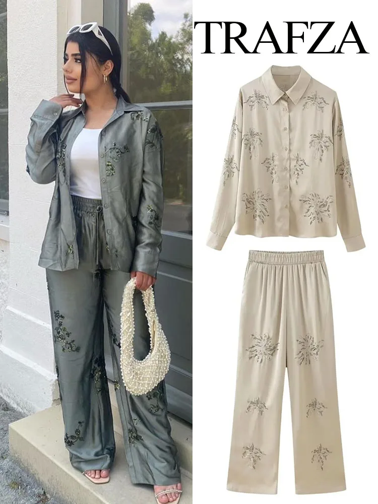 TRAFZA Women Chic Vintage Beaded Embroidery Turndown Collar Shirt Female Casual Loose Elastic Waist Long Pants 2 Pieces Suit