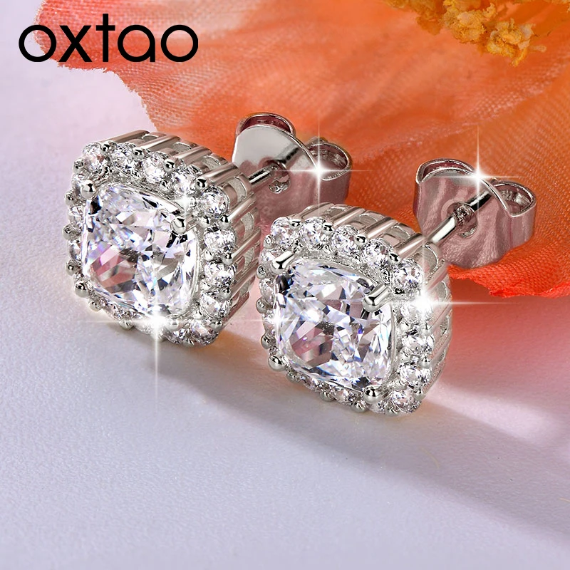 

OXTAO Cute Square Stud Earrings Sparkling Cubic Zircon Lab Imitation Diamond Piercing Earrings for Women 14K Gold Filled Jewelry