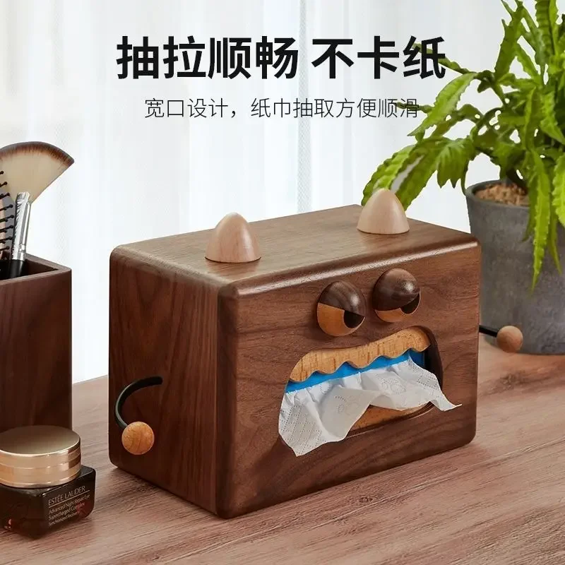 Walnut Little Monster Tissue Box Dining Table Desktop Cute High-end Wooden Napkin Storage Box Solid Wood Tissue Box