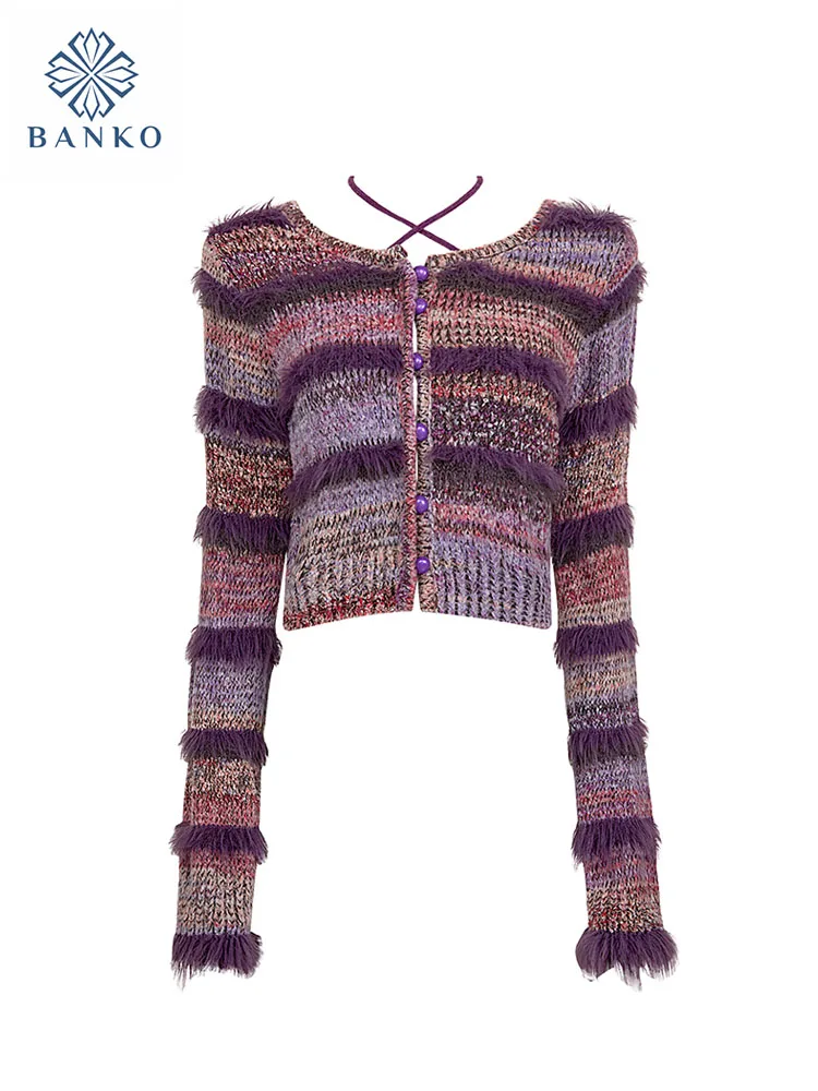 Harajuku Plush Striped Cardigans Purple V-Neck Cozy Knitted Sweater Korean High Street Women Slim Spring Summer Japanese Fashion