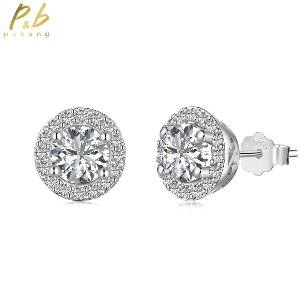 

PuBang Fine Jewelry Round Gem Stud Earrings 925 Sterling Silver Created Moissanite for Women Engagement Party Gift Free Shipping